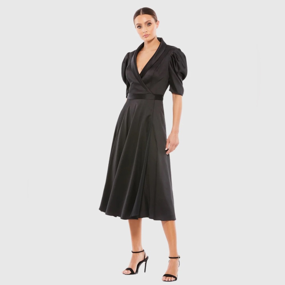 NWT $358 MAC DUGGAL Satin Lapel Puff Sleeve Tea Length Dress BLACK 26628